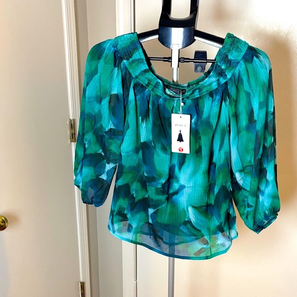 ZESICA Elegant Green and Teal Women's Blouse - Picture 6 of 12